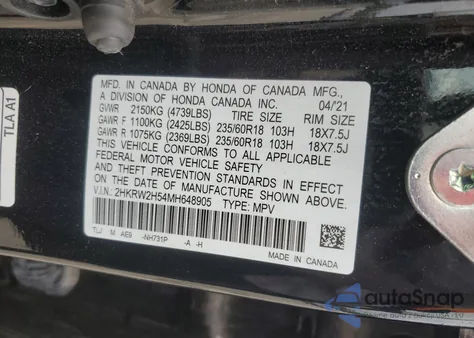 2021 Honda Cr-V Ex from USA, damaged, VIN 2HKRW2H54MH648905